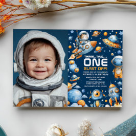 Invitation Space Astronaut Cat Blast Off 1st Birthday Photo