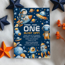 Invitation Space Astronaut Cat Blast Off Cosmic 1st Birthday