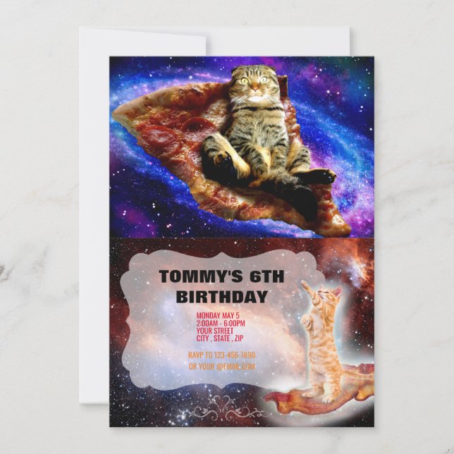 Invitation Space cat couché sur une pizza (Devant)