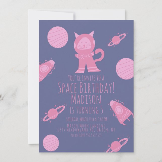 Invitation Space Cat Rose Purple Galaxy Anniversaire Invitati (Devant)
