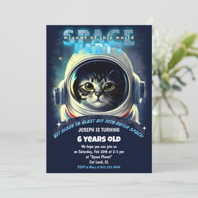 Invitation Space Cat Thème Anniversaire (Debout devant)