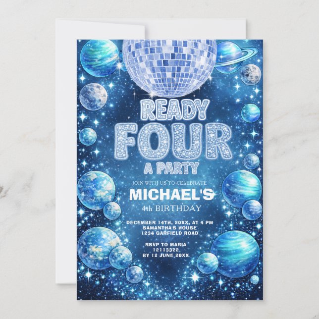 Invitation Space Disco 4th Birthday READY FOUR A PARTY (Devant)