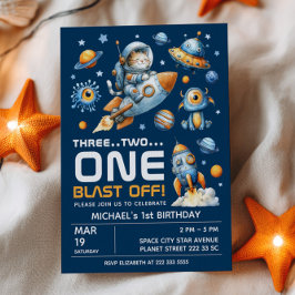 Invitation Space Galaxy Astronaut Cat Blast Off 1st Birthday