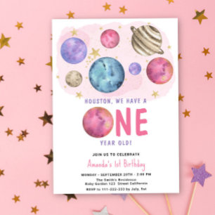 Invitation Space Girl Premier anniversaire Moon Star Party