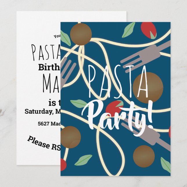 Invitation Spaghetti Pasta italien Diner Ustensiles Boules de (Devant / Derrière)