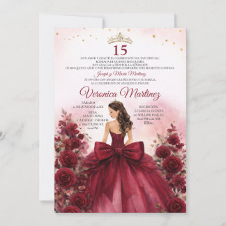 Invitation Spanish Burgundy Red Princess Floral Sweet 15 Años