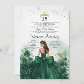 Invitation Spanish Emerald Green Floral Princess Bow 15 Años