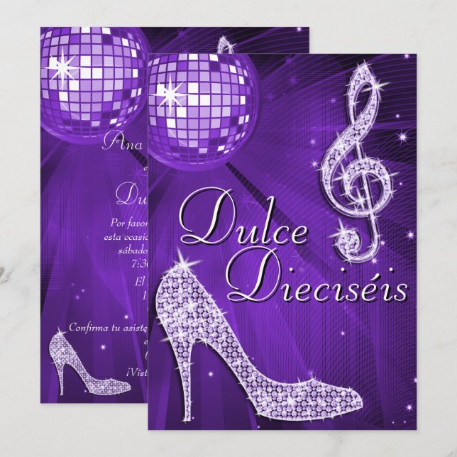 Invitation Spanish Lilac Disco Ball & Sparkle Heels Sweet 16 (Devant / Derrière)