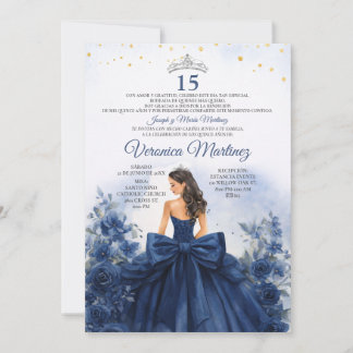Invitation Spanish Navy Blue Princess Floral Sweet 15 Años