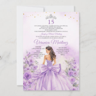 Invitation Spanish Purple Floral Princess Bow Sweet 15 Años