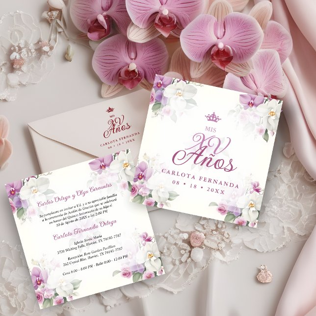 Invitation Spanish Romantic Mis XV Floral Orchids Bouquets (Spanish Romantic Exquisite Floral Orchids Bouquets Mis XV Años Invitation Card. )