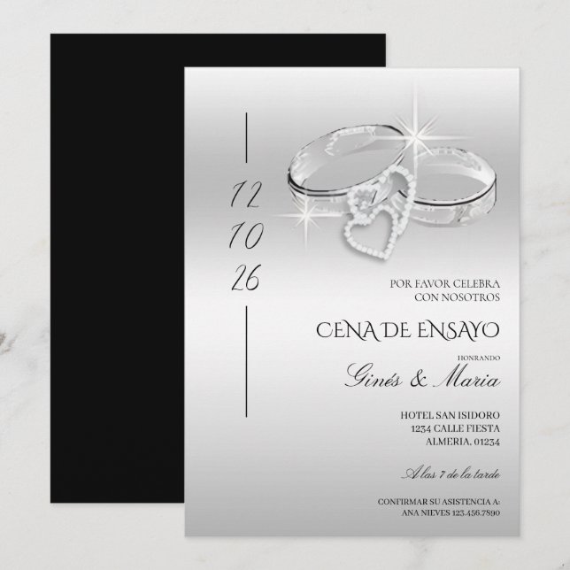 Invitation Spanish Silver Wedding Rings Rehearsal Dinner (Devant / Derrière)