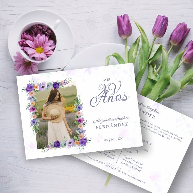 Invitation Spanish Sweet Floral Charm Lilac Shades Photo XV (Spanish Sweet Floral Charm Lilac Shades Photo Quiceañera Invitation with Envelope. )