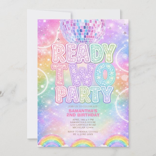 Invitation Sparkle Disco Ball Pastel Rainbow Second Birthday  (Devant)