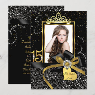Invitation Sparkle Gold Black dentelle & Bow Photo Quinceaner
