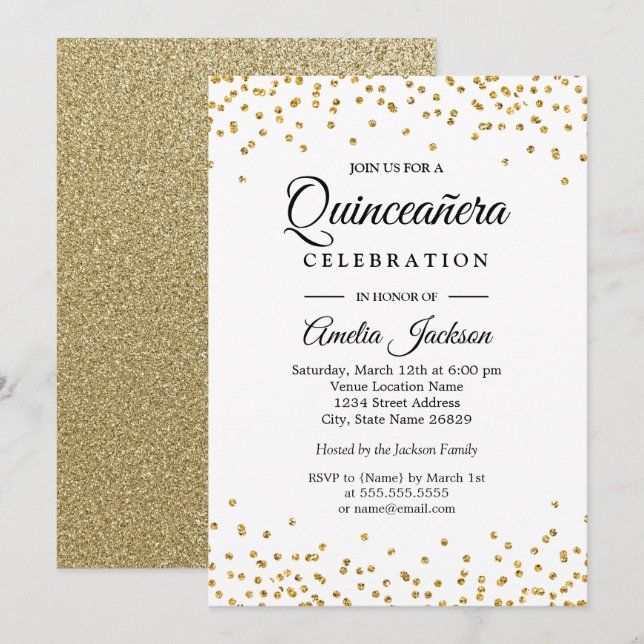 Invitation Sparkle Gold Confetti Quinceanera (Devant / Derrière)