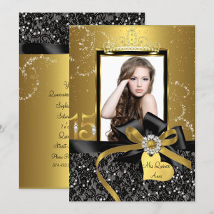 Invitation Sparkle Gold dentelle & Bow photo Quinceanera