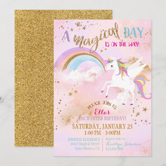 Invitation Sparkle Magique Unicorn Pegasus Anniversaire (Devant / Derrière)