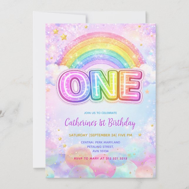 Invitation Sparkle Rainbow 1st Birthday Party (Devant)