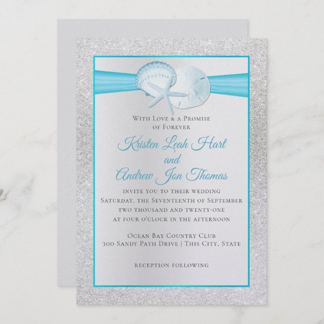 Invitation Sparkle Shells Tropical Blue Beach Wedding (Devant / Derrière)