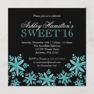 Invitation Sparkle Snowflakes Turquoise Sweet 16 Winter Wonde