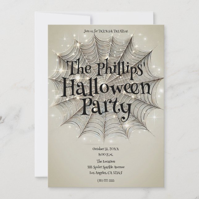 Invitation Sparkle Spiderweb Whimsical Tan Halloween Party (Devant)