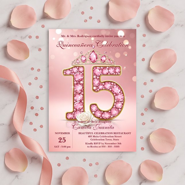 Invitation Sparkling Blush Pink 15 Tiara Rose Quinceañera (Créateur téléchargé)