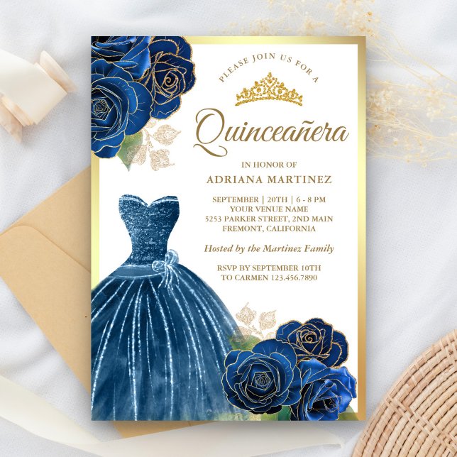 Invitation Sparkling Gown Marine Bleu Rose Gold Quinceanera (Créateur téléchargé)