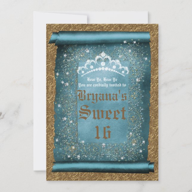 Invitation Sparkling turquoise & Gold Diamond Tiara Scroll Pa (Devant)