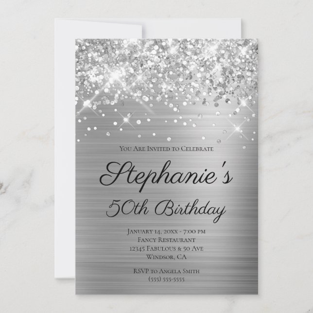 Invitation Sparkly Silver Foil Élégant Script 50e anniversair (Devant)