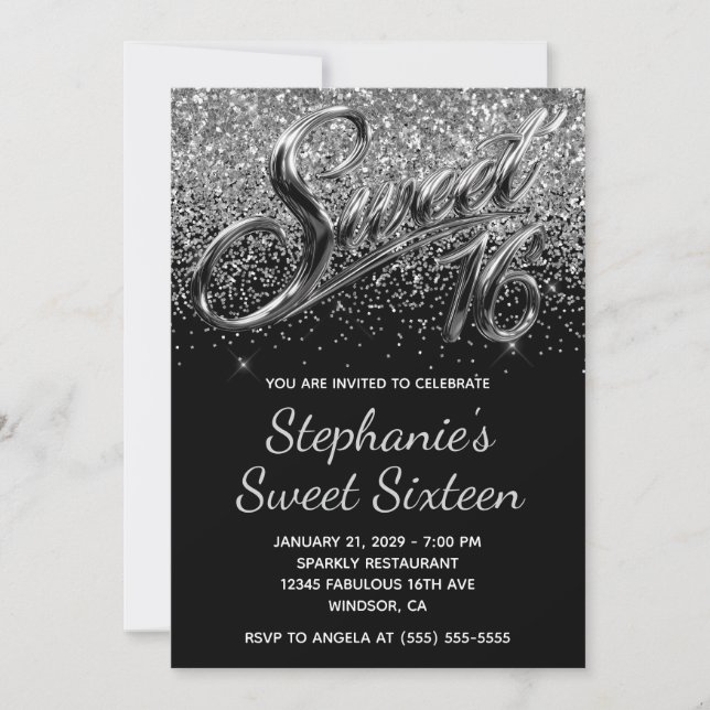 Invitation Sparkly Silver Glitter Black Chrome Sweet 16 (Devant)