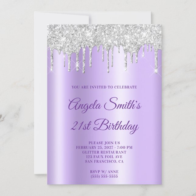 Invitation Sparkly Silver Glitter Drips Lavender Ombre (Devant)