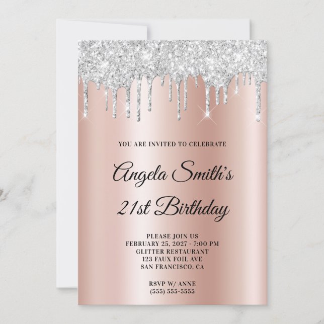Invitation Sparkly Silver Glitter Drips Rose Gold Ombre (Devant)