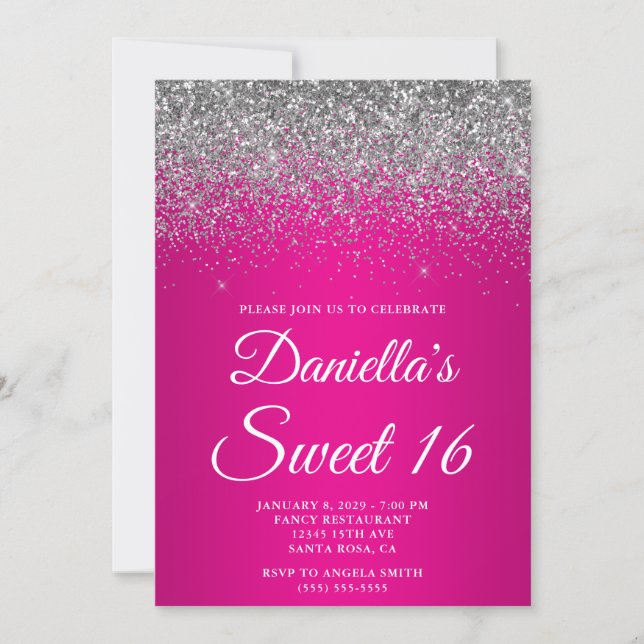 Invitation Sparkly Silver Glitter Hot Pink Gradient Sweet 16 (Devant)