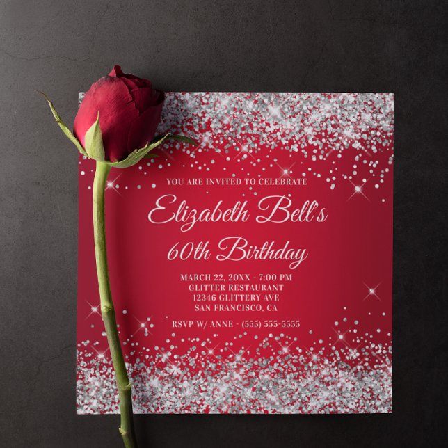 Invitation Sparkly Silver Parties scintillant Rouge Ombre 60e (Red Birthday Invitation)