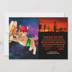 Invitation Spatiale chat avec casquette et sac à dos
