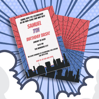 Invitation Spider Superhero Rouge et Bleu Anniversaire