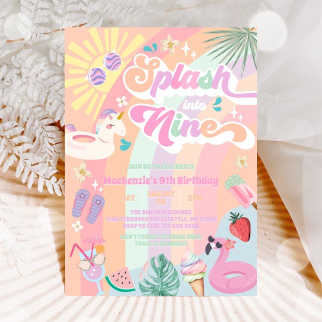 Invitation Splash Into Nine Summer Rainbow Sun 9th Birthday  (Créateur téléchargé)