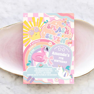 Invitation Splash Into Seven Pool Party Rainbow 7th Birthday 