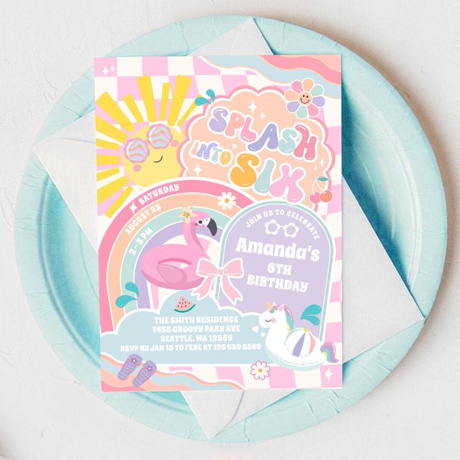 Invitation Splash Into Six Rainbow Sun 6th Birthday  (Créateur téléchargé)