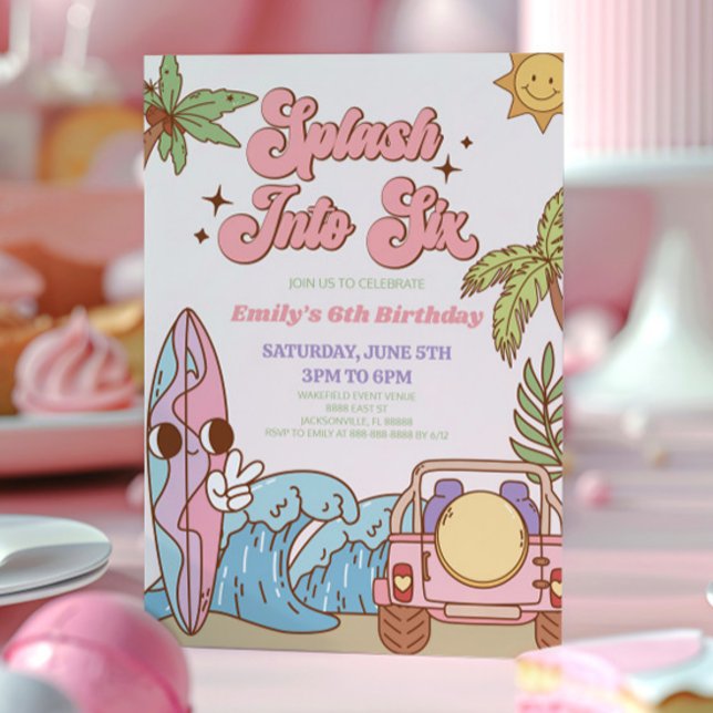 Invitation Splash Into Six Retro Super 6ème anniversaire fête (Créateur téléchargé)