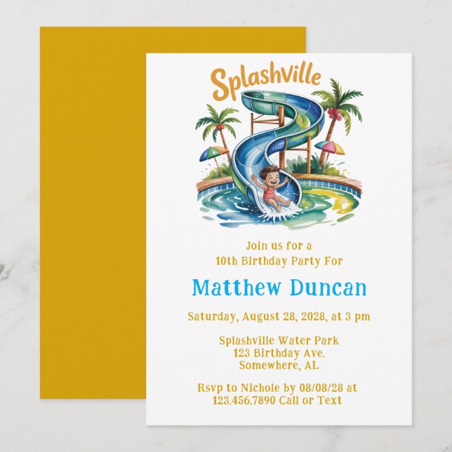 Invitation Splashville Water Slide Boy Fête d'anniversaire (Devant / Derrière)