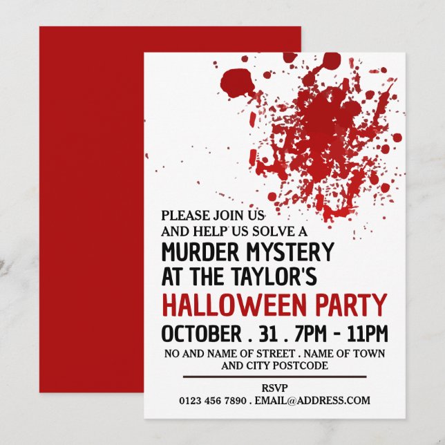Invitation Splatte de sang, Meurtre Mystère Fête d'Halloween (Devant / Derrière)