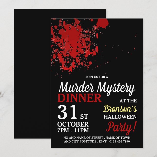 Invitation Splatz de sang, Meurtre Mystère Dîner D'Halloween (Devant / Derrière)