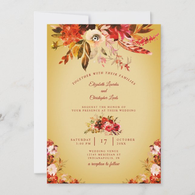 Invitation Splendor d'automne Floral Mariage blanchi doré (Devant)