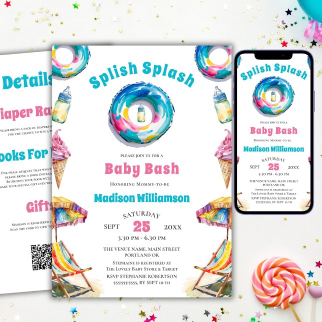 Invitation Splish Splash Baby Bash Été Baby Shower QR Code (Créateur téléchargé)
