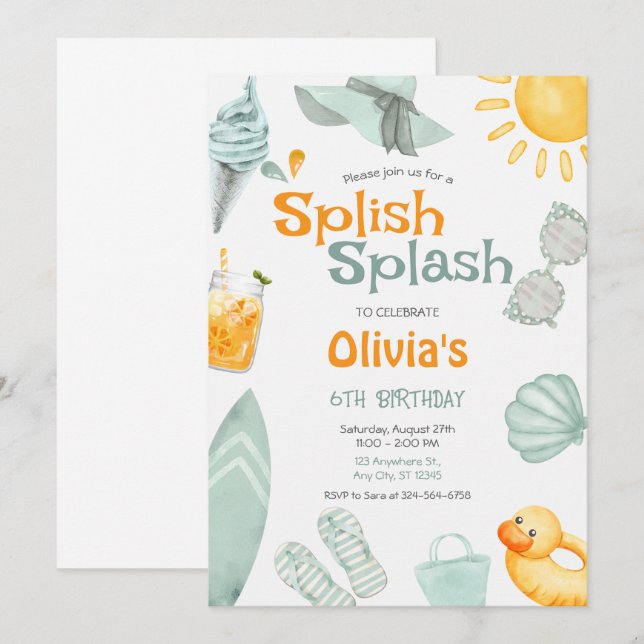 Invitation Splish Splash Birthday  Pool Party  (Devant / Derrière)