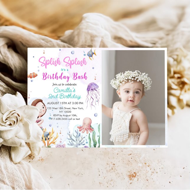 Invitation Splish Splash Mermaid Girl 2e anniversaire Photo (Créateur téléchargé)