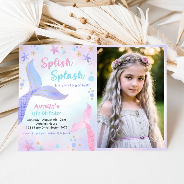 Invitation Splish Splash Mermaid Girl 4th Birthday Photo (Créateur téléchargé)