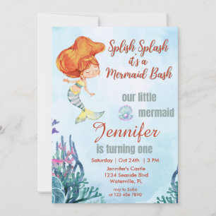 Invitation Splish Splash Orang Mermaid Bash 1er anniversaire 